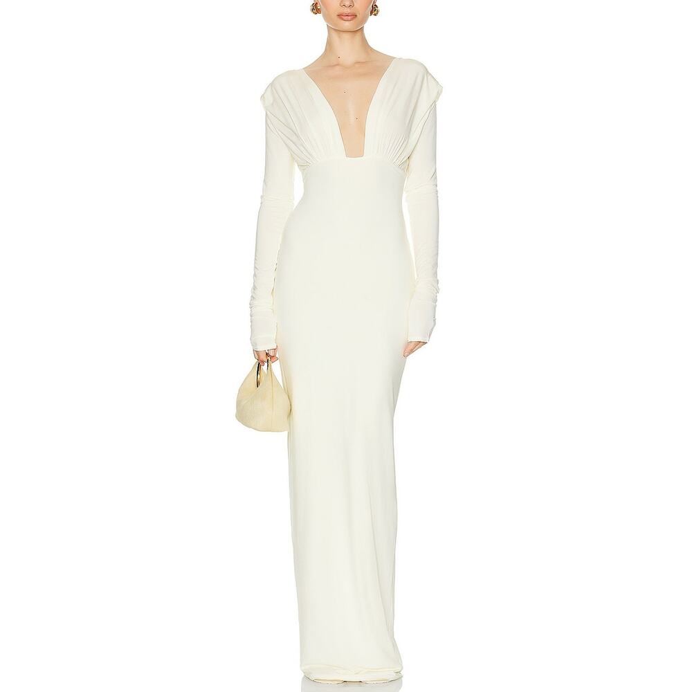 Helsa Jersey Deep V Cream Viscose Maxi Dress Size M